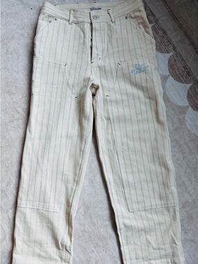 Dior Cream Pants with Blue Pinstripes and Branded Button